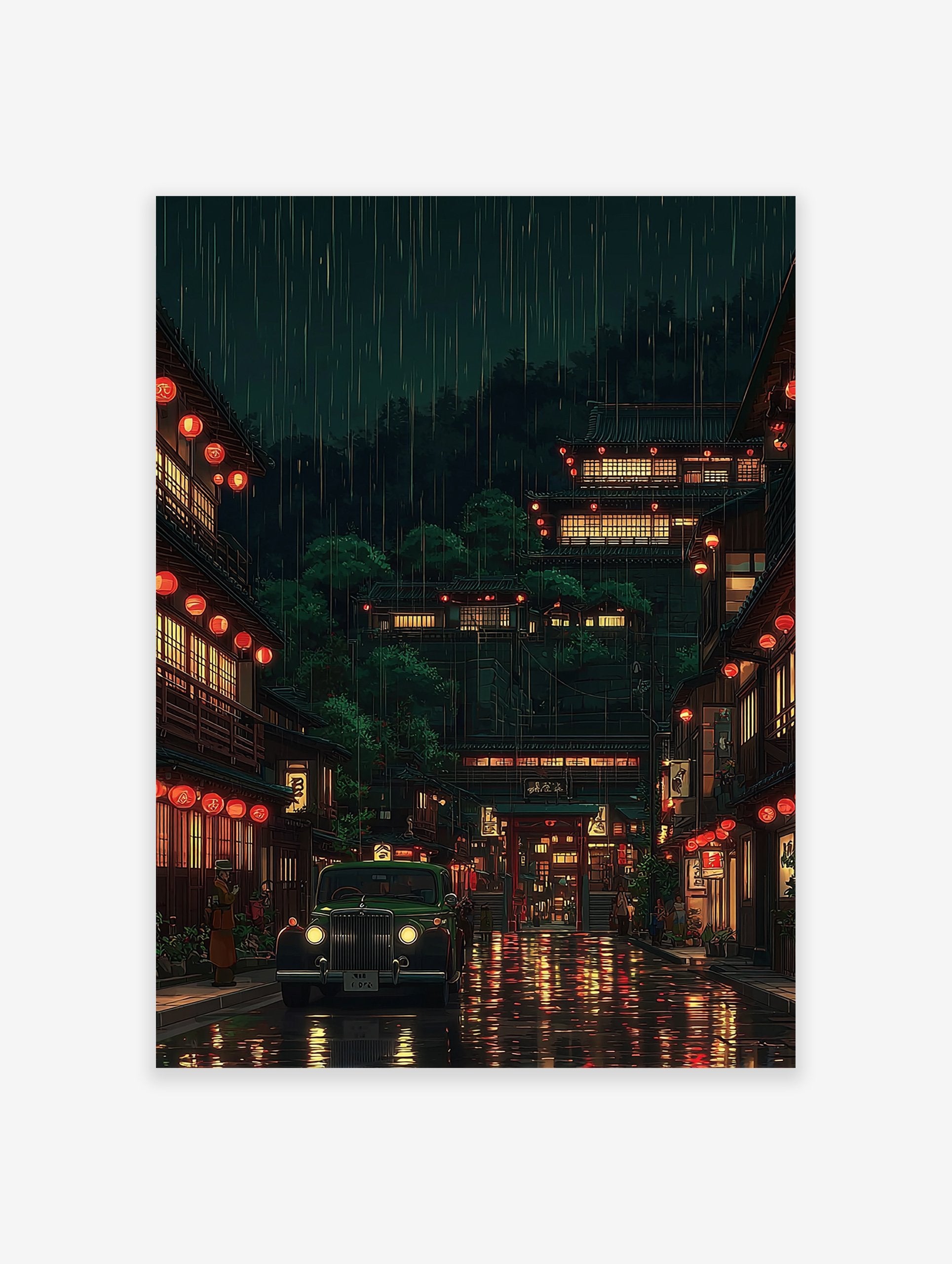 Japanese poster of a rainy traditional street scene at night with glowing red lanterns, old buildings, and a classic green car.