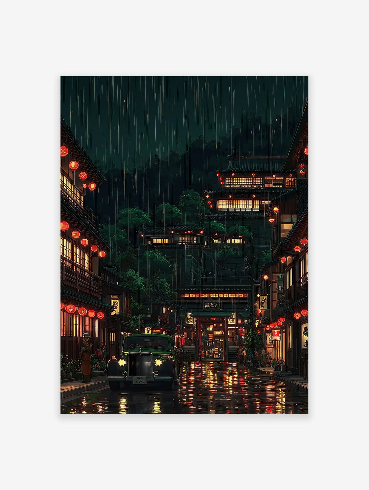 Japanese poster of a rainy traditional street scene at night with glowing red lanterns, old buildings, and a classic green car.