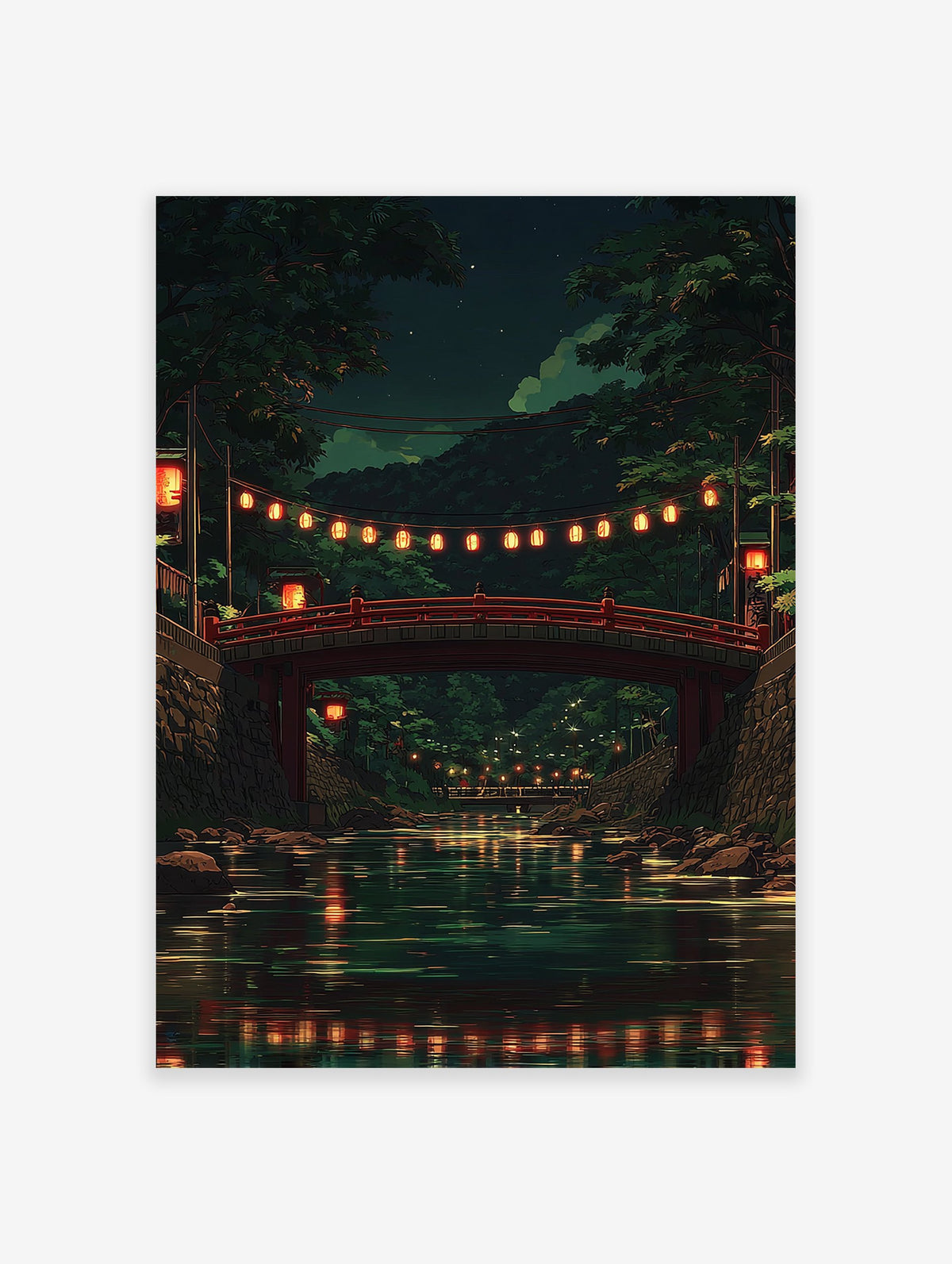 Japanese poster of a red bridge with glowing lanterns over a river at night, surrounded by dark green trees and reflections.
