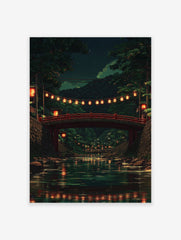 Japanese poster of a red bridge with glowing lanterns over a river at night, surrounded by dark green trees and reflections.
