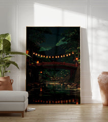 Japanese poster of a red bridge with glowing lanterns over a river at night, surrounded by dark green trees and reflections. - Image 3