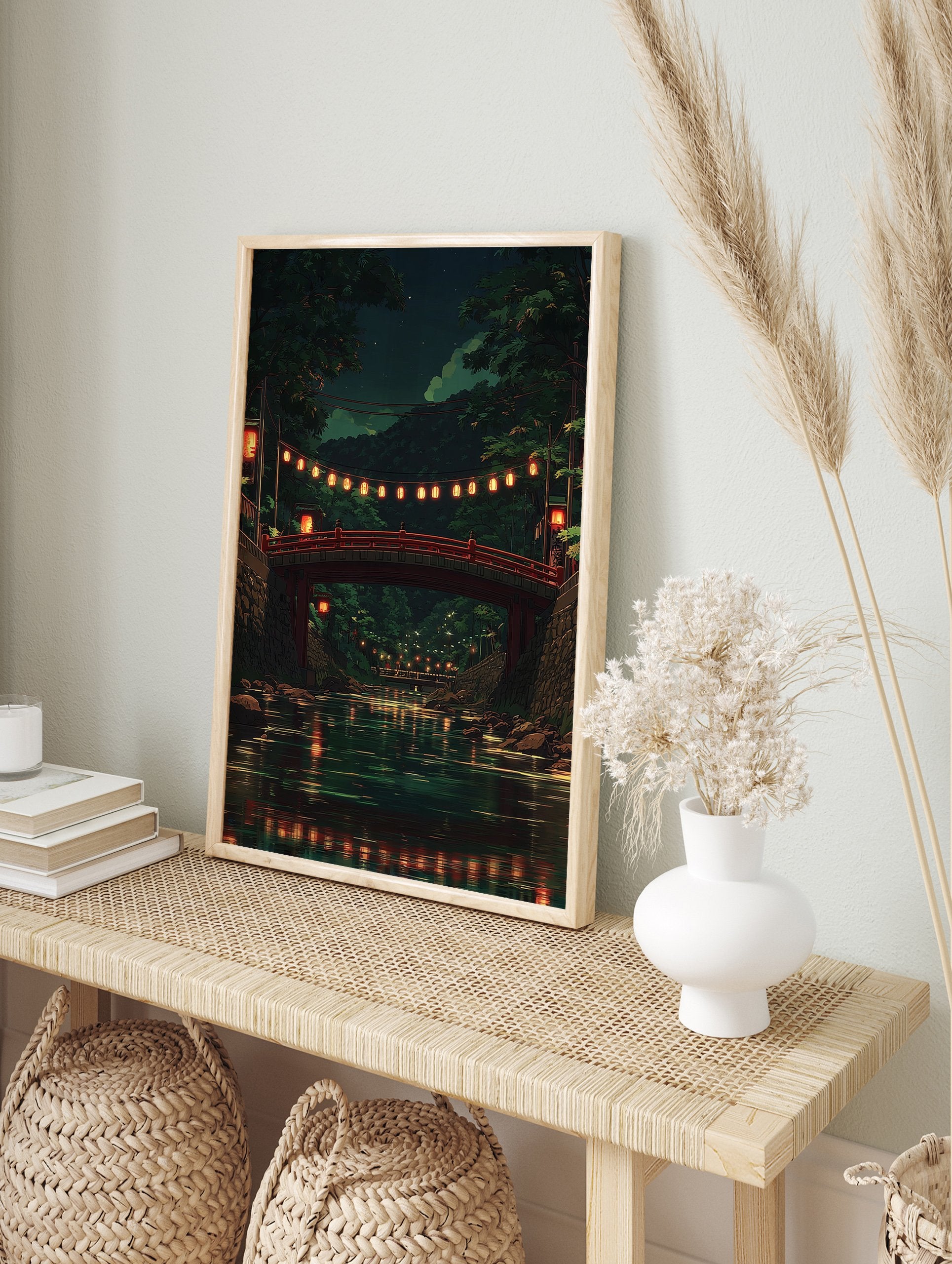Japanese poster of a red bridge with glowing lanterns over a river at night, surrounded by dark green trees and reflections. - Image 4