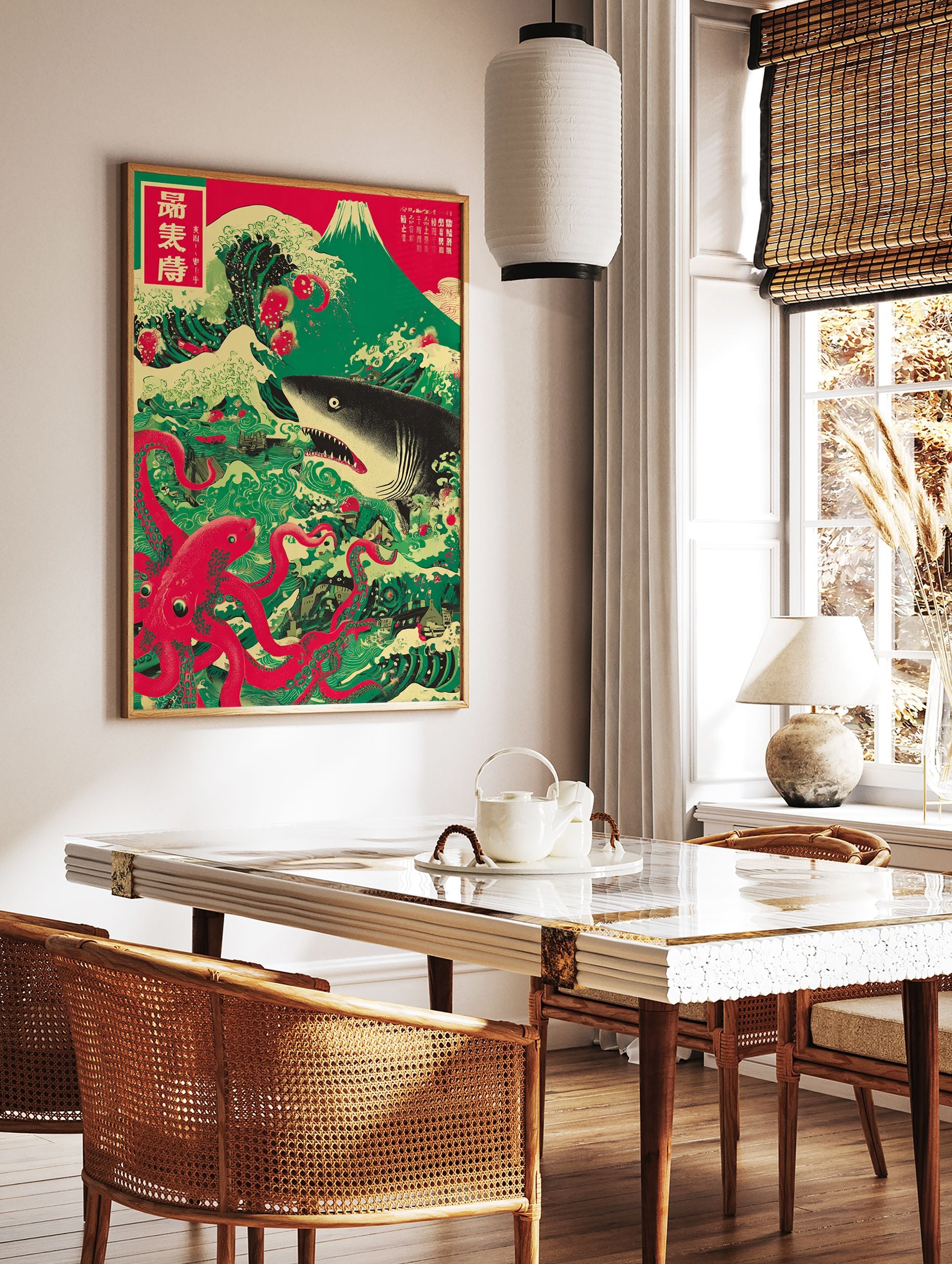 Japanese poster featuring a large red octopus battling a shark in crashing green waves, with Mount Fuji in the background. - Image 2