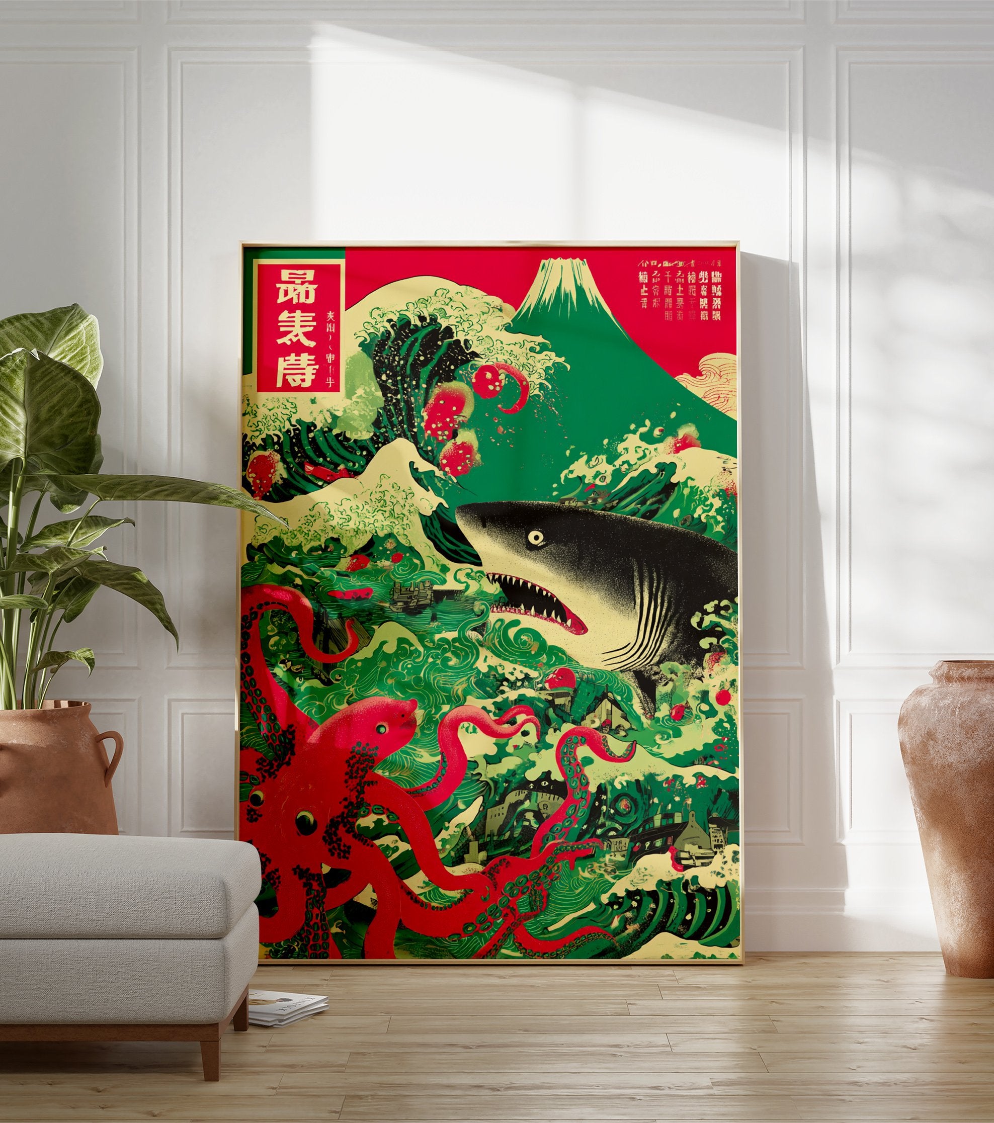 Japanese poster featuring a large red octopus battling a shark in crashing green waves, with Mount Fuji in the background. - Image 3