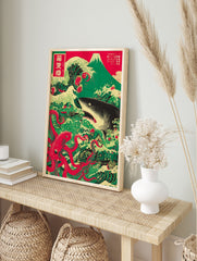 Japanese poster featuring a large red octopus battling a shark in crashing green waves, with Mount Fuji in the background. - Image 4