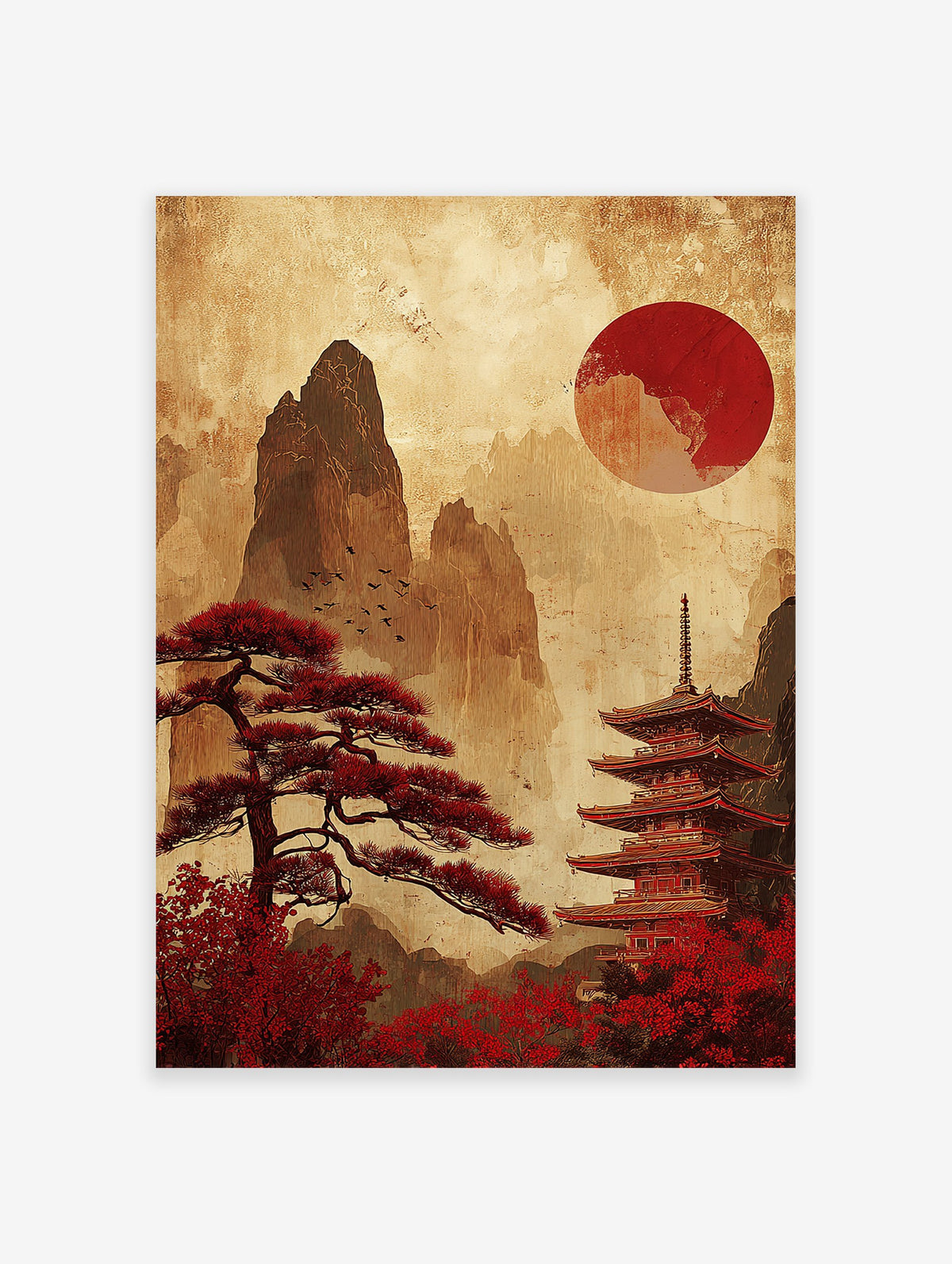 Japanese poster with a red sun, pagoda, ancient tree, and mountains in a vintage, illustrative style.