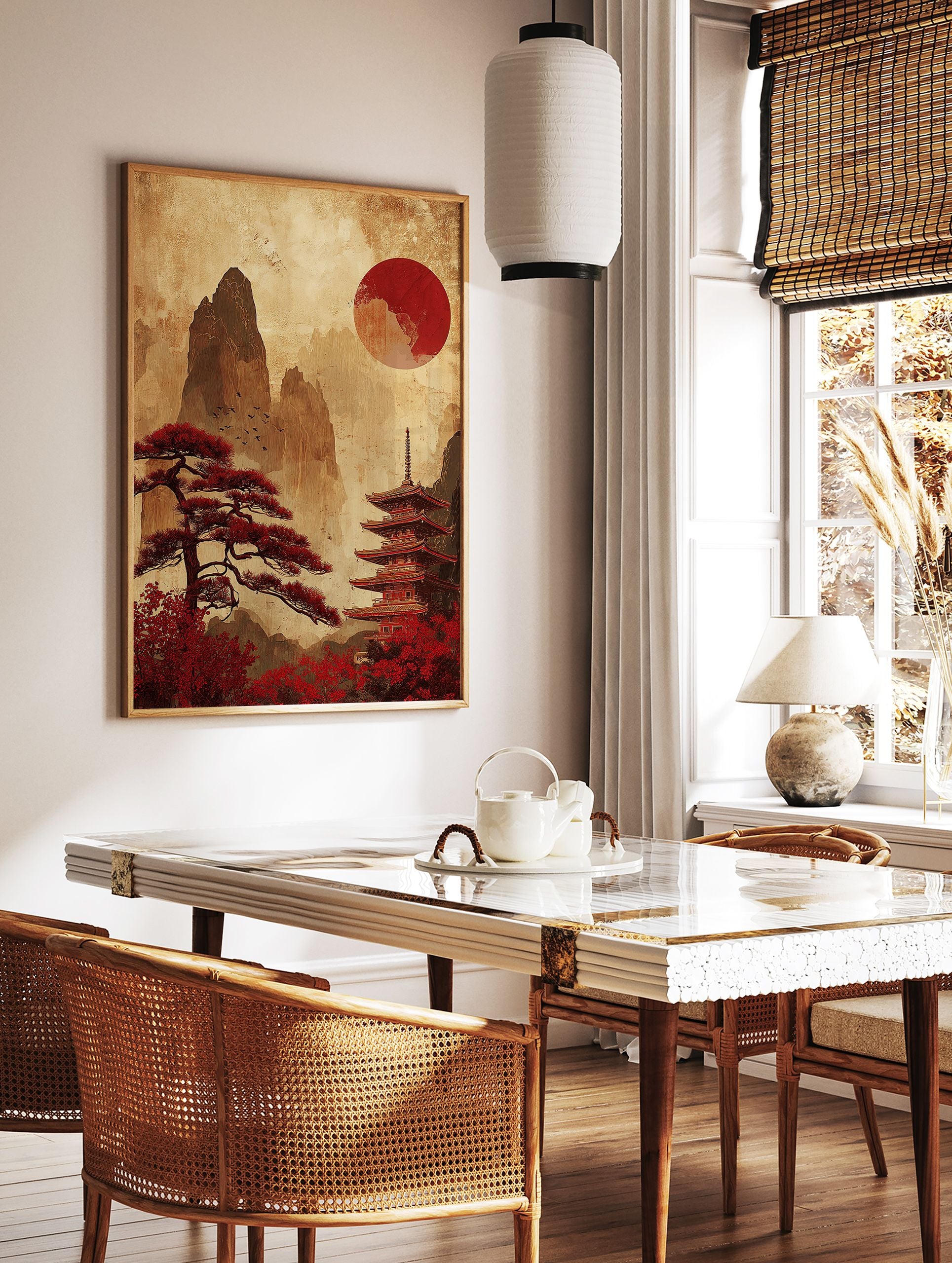 Japanese poster with a red sun, pagoda, ancient tree, and mountains in a vintage, illustrative style. - Image 2