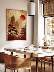 Japanese poster with a red sun, pagoda, ancient tree, and mountains in a vintage, illustrative style. - Image 2