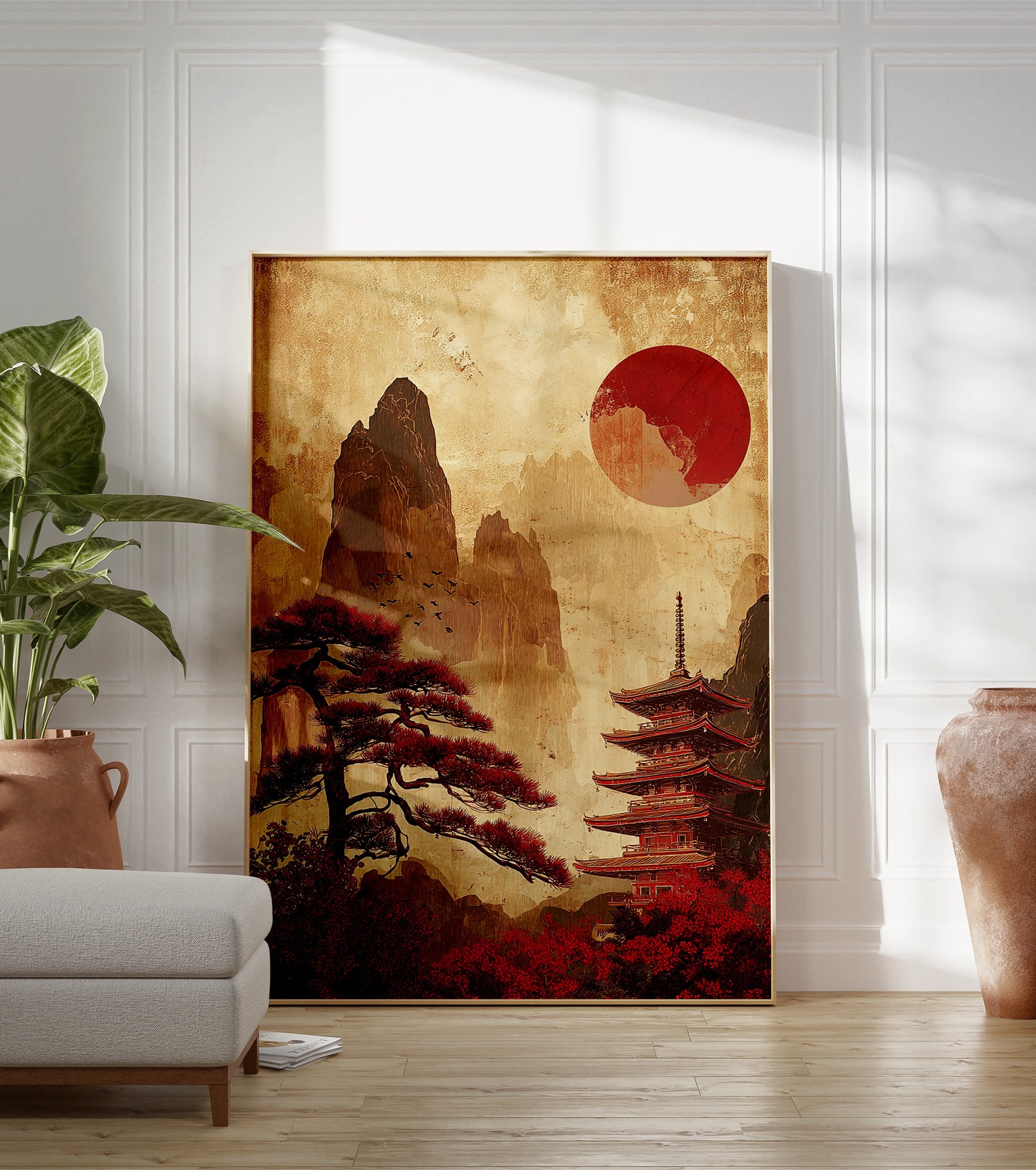 Japanese poster with a red sun, pagoda, ancient tree, and mountains in a vintage, illustrative style. - Image 3