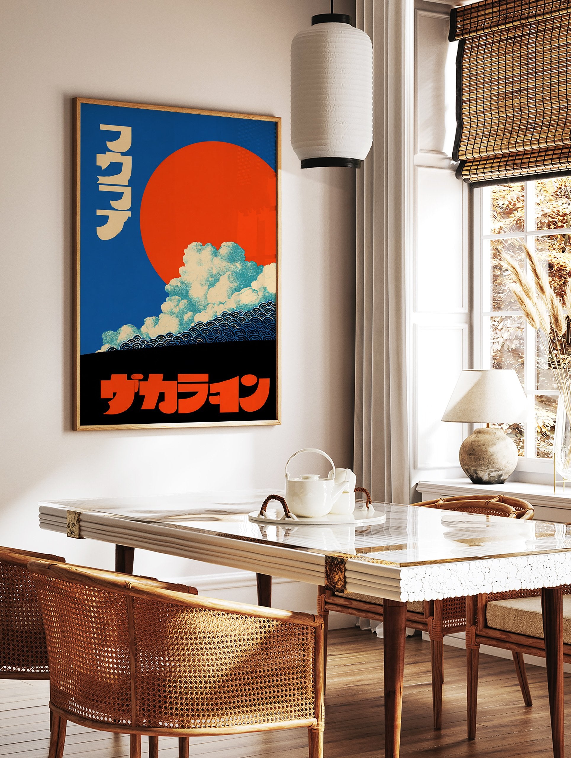 Japanese poster with a large orange sun, blue sky, white and blue clouds, and traditional Seigaiha wave patterns. - Image 2