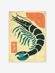 Stylised Japanese prawn art print in dark teal with red abstract shape and white kanji on beige background