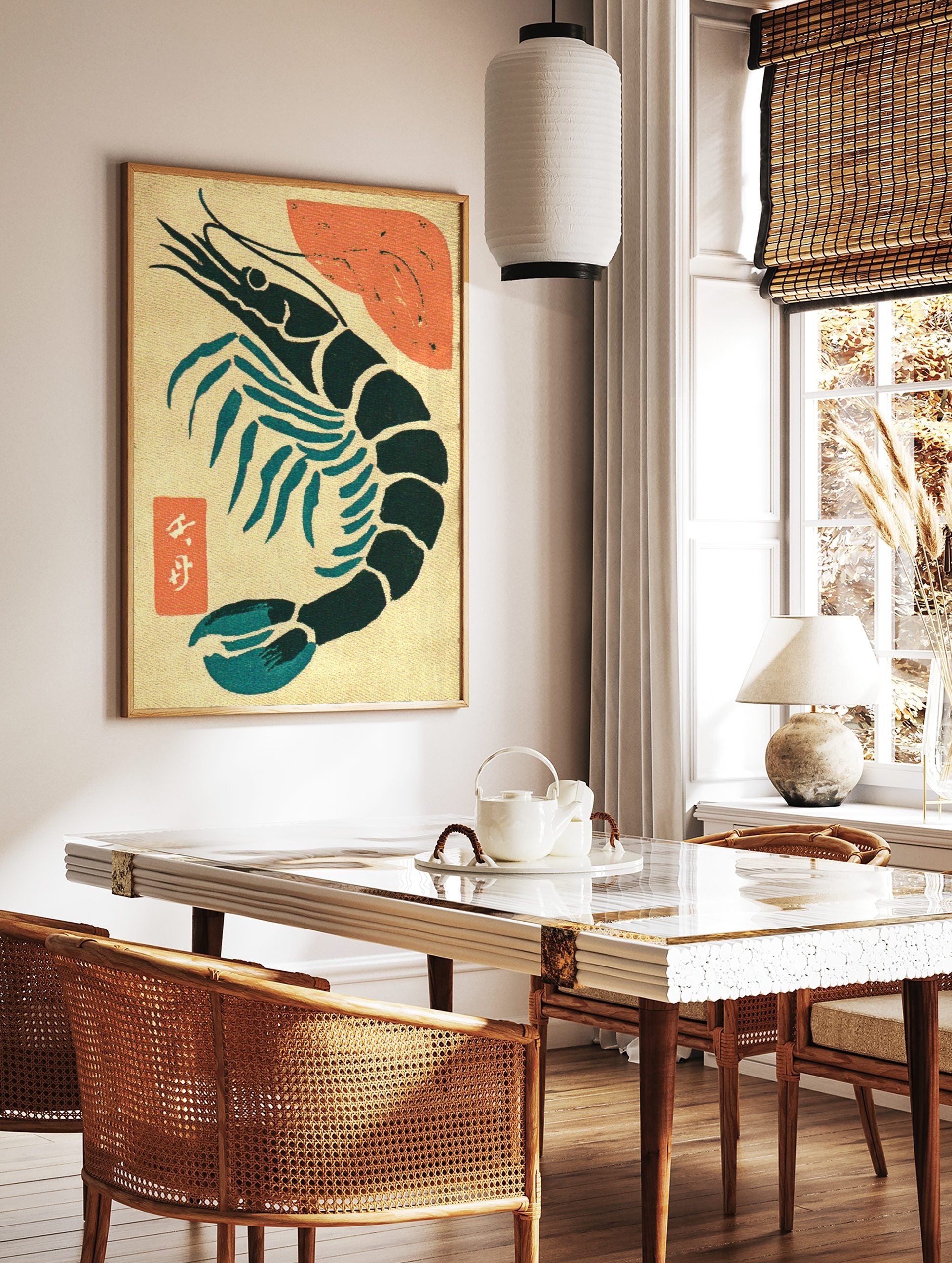Stylised Japanese prawn art print in dark teal with red abstract shape and white kanji on beige, in a styled room mockup