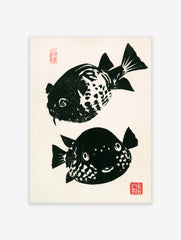 Japanese woodblock style pufferfish print with high-contrast black and white fish and red stamps on a white background
