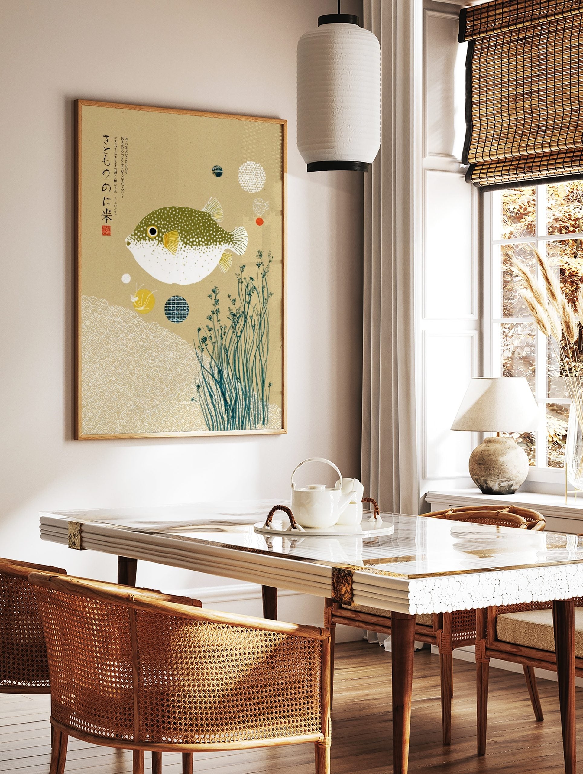 Japanese pufferfish art print with green spotted fugu, yellow fins, white waves, kanji text on, in a styled room mockup