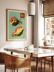 Japanese-style illustration of two orange and yellow spiny pufferfish with calligraphy on a, in a styled room mockup