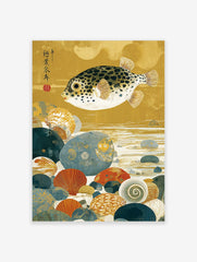 Japanese pufferfish art print with black spots, swimming over colourful seabed pebbles and shells