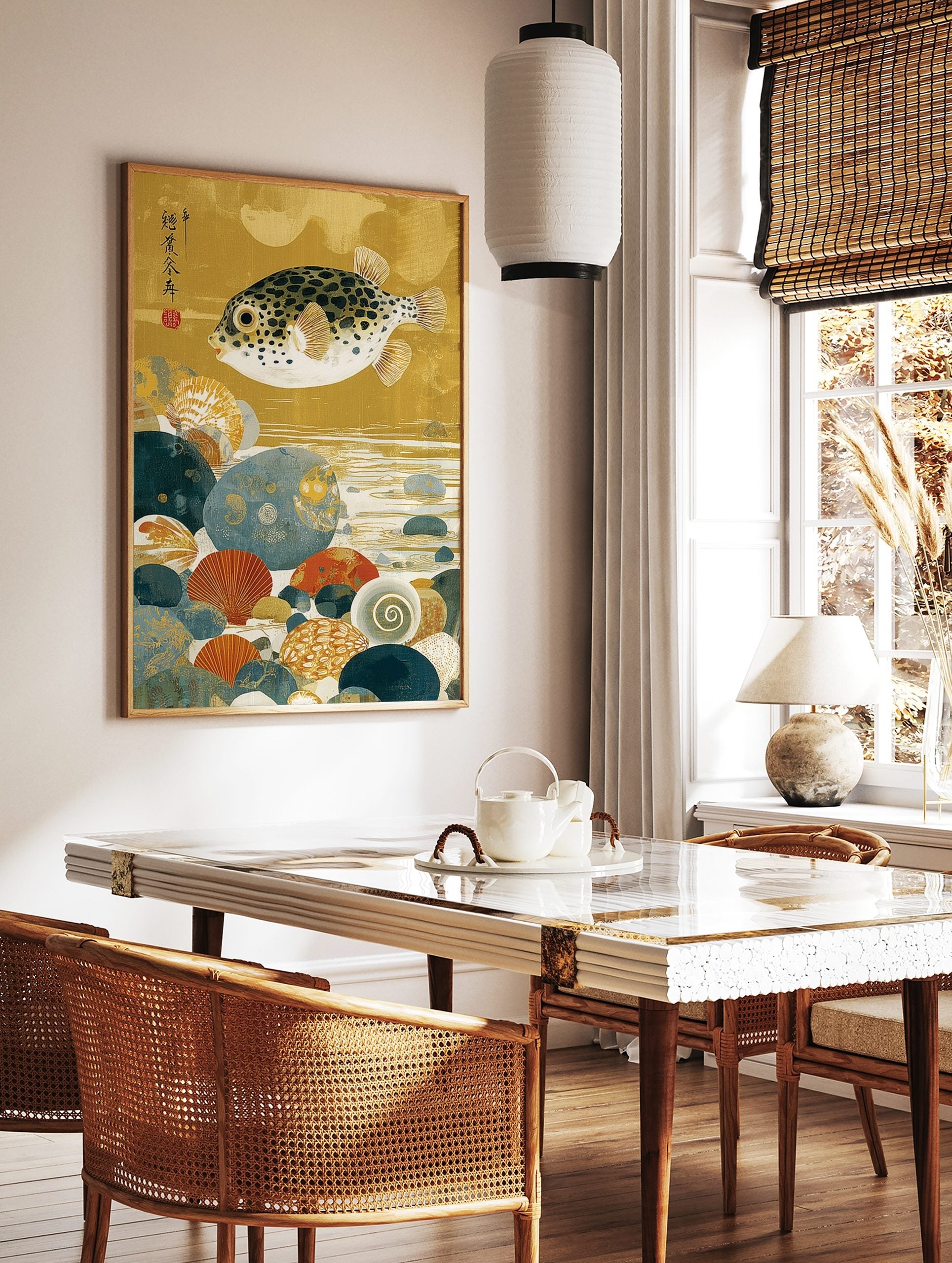 Japanese pufferfish art print with black spots, swimming over colourful seabed pebbles and shells, in a styled room mockup