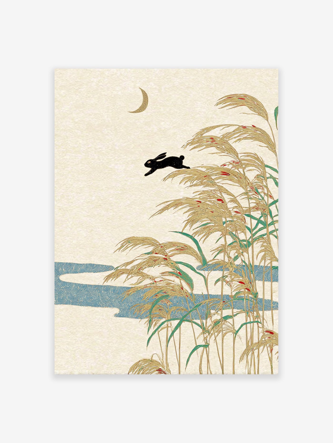 Japanese Rabbit Art print with black rabbit leaping over golden pampas grass, blue river, and crescent moon on a beige background.