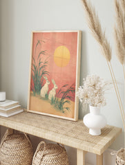 Japanese Rabbit Print featuring two white rabbits in tall green grass under a large yellow moon against a pink sky - Image 3
