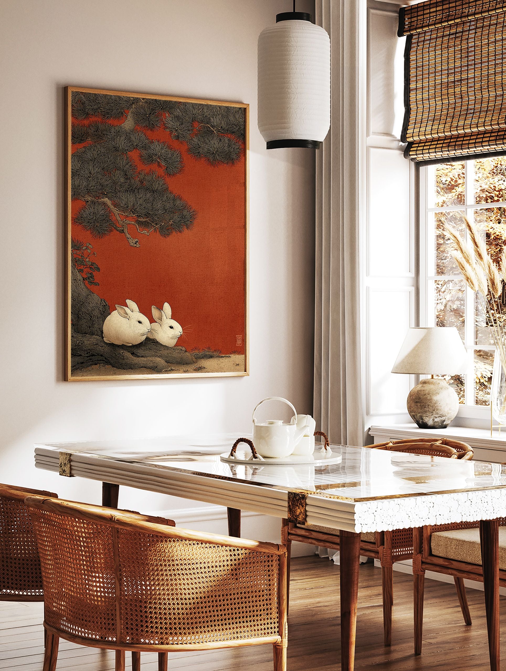 Japanese Rabbit Wall Art print featuring two white rabbits under a large pine tree against a vibrant red, textured background. - Image 2
