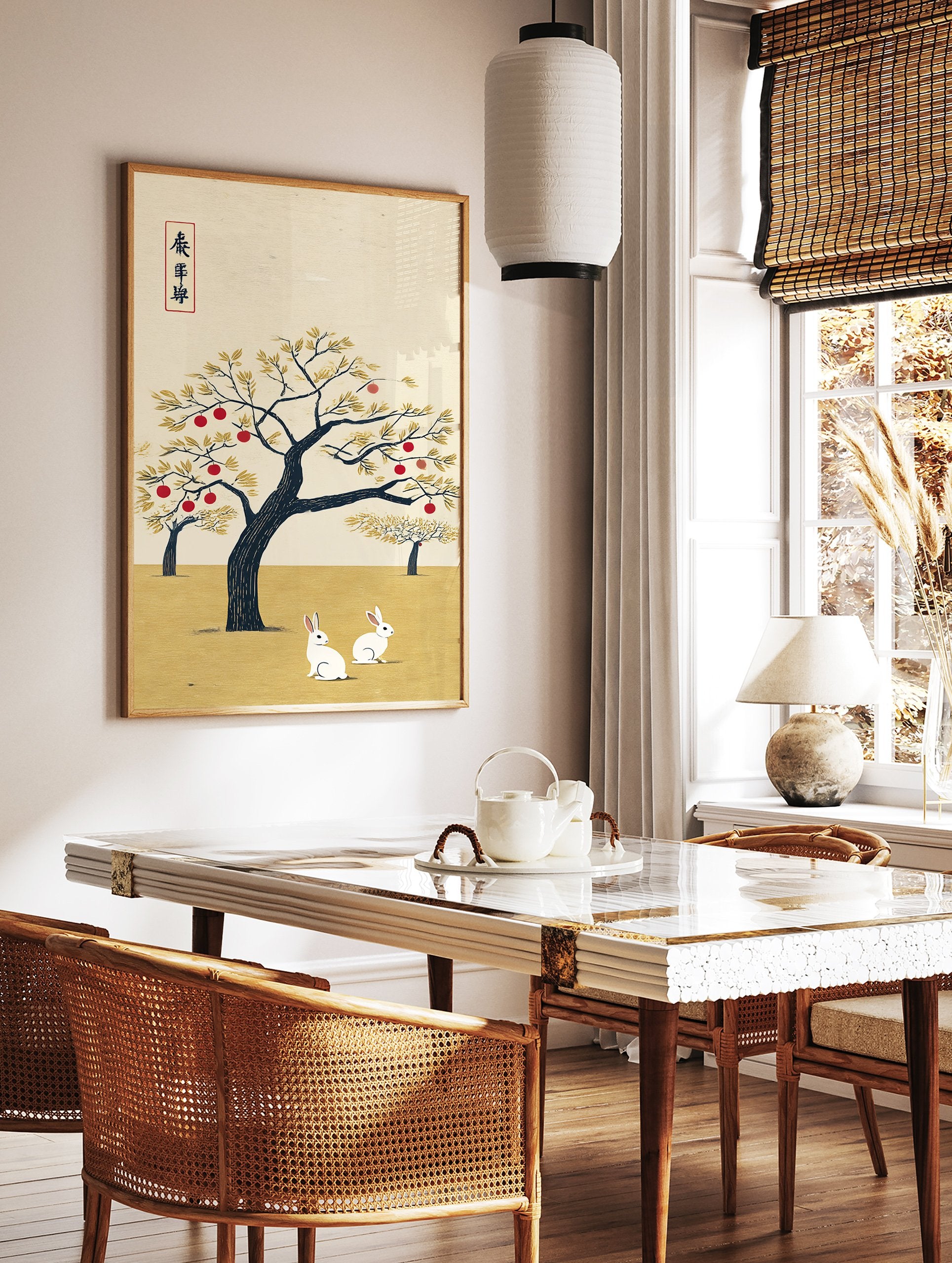 Traditional Japanese rabbit wall art with two white rabbits under a red fruit tree and golden leaves on a textured yellow background. - Image 2