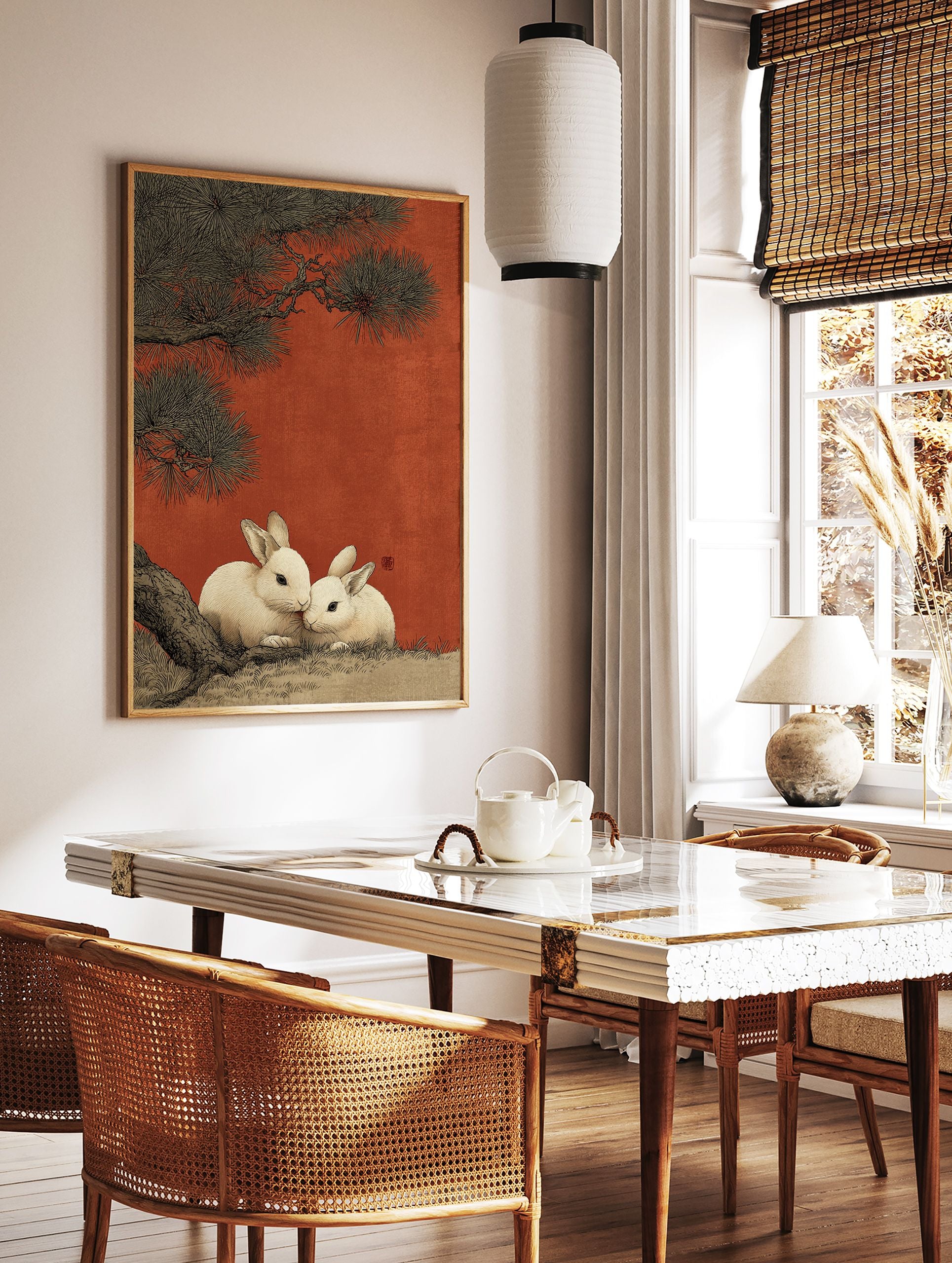 Japanese rabbit art print showing two white rabbits under a dark pine tree against a textured red background, in an illustrative style. - Image 2