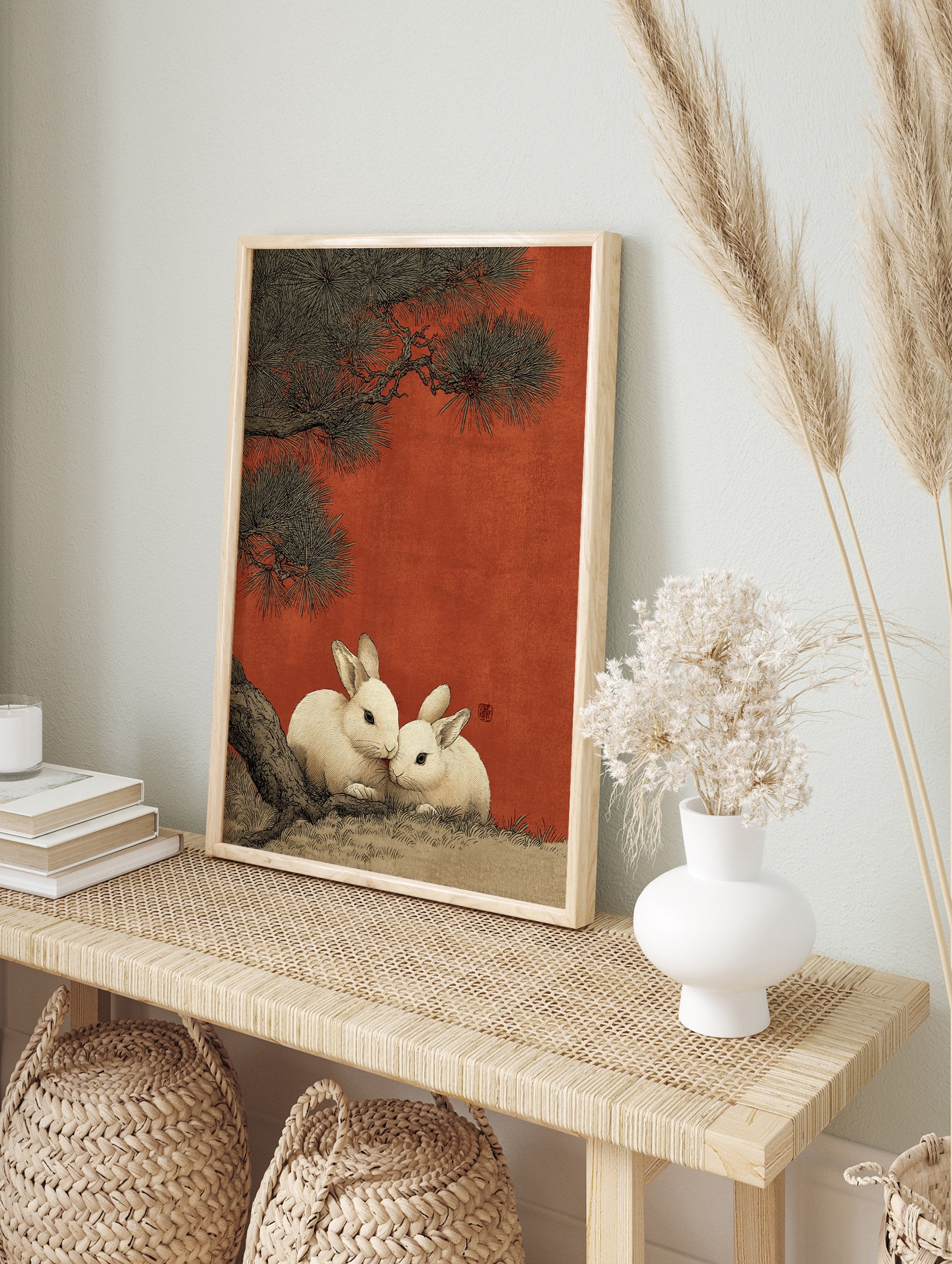 Japanese rabbit art print showing two white rabbits under a dark pine tree against a textured red background, in an illustrative style. - Image 3