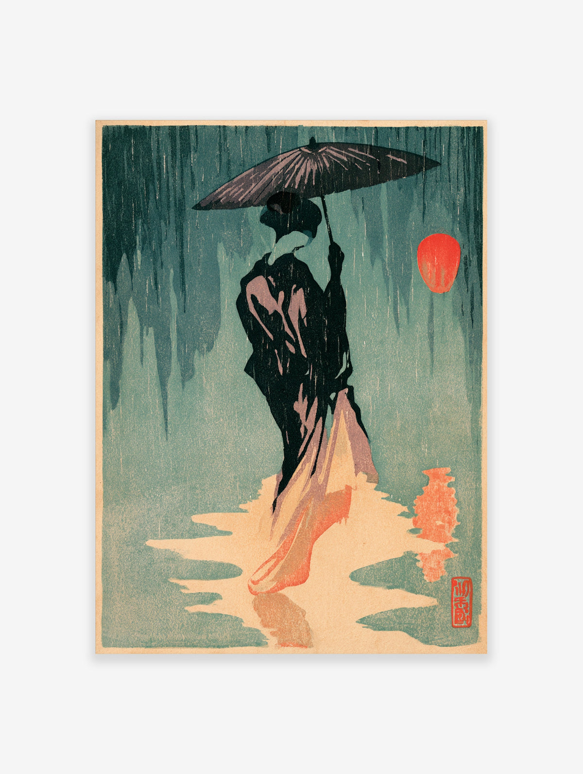 Japanese rain poster with silhouetted figure in black kimono holding umbrella, teal rain and red sun