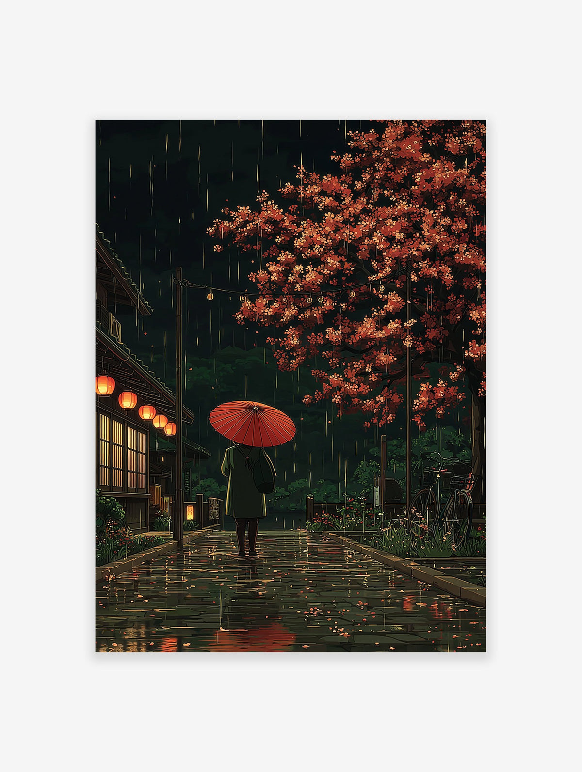 Japanese rain poster featuring a person with a red umbrella walking down a traditional street at night with glowing lanterns and a red-leafed tree.