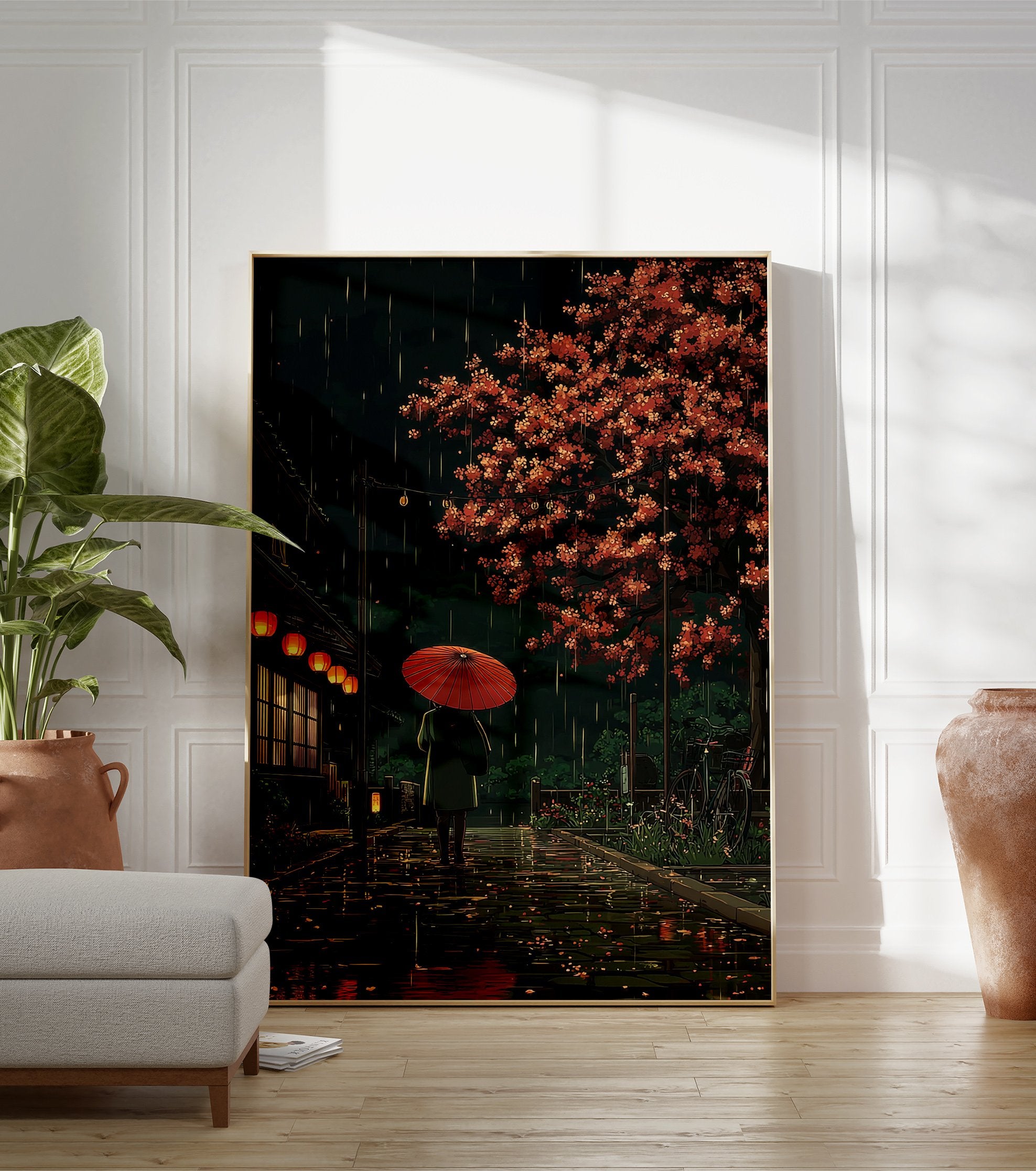 Japanese rain poster featuring a person with a red umbrella walking down a traditional street at night with glowing lanterns and a red-leafed tree. - Image 3