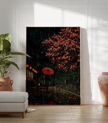 Japanese rain poster featuring a person with a red umbrella walking down a traditional street at night with glowing lanterns and a red-leafed tree. - Image 3
