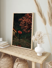 Japanese rain poster featuring a person with a red umbrella walking down a traditional street at night with glowing lanterns and a red-leafed tree. - Image 4