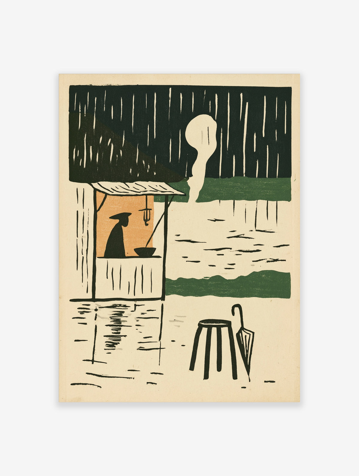 Japanese rain poster of hooded figure at ramen stall with stool and umbrella