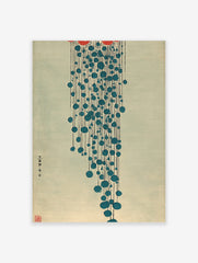 Japanese abstract art print with blue raindrops and red shapes on a light blue background, vertical composition