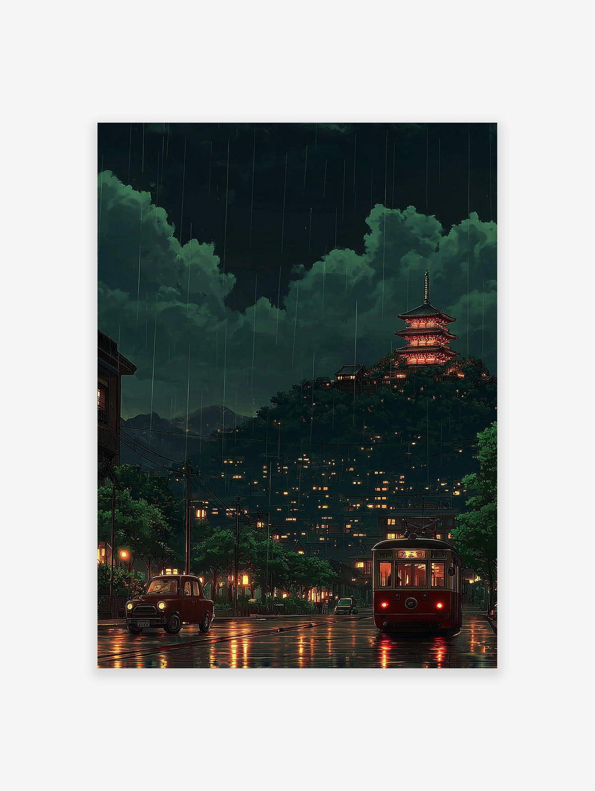 Japanese rainy night poster showing a red pagoda on a hill above a city street with a red tram and car.