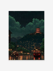 Japanese rainy night poster showing a red pagoda on a hill above a city street with a red tram and car.