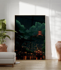 Japanese rainy night poster showing a red pagoda on a hill above a city street with a red tram and car. - Image 3