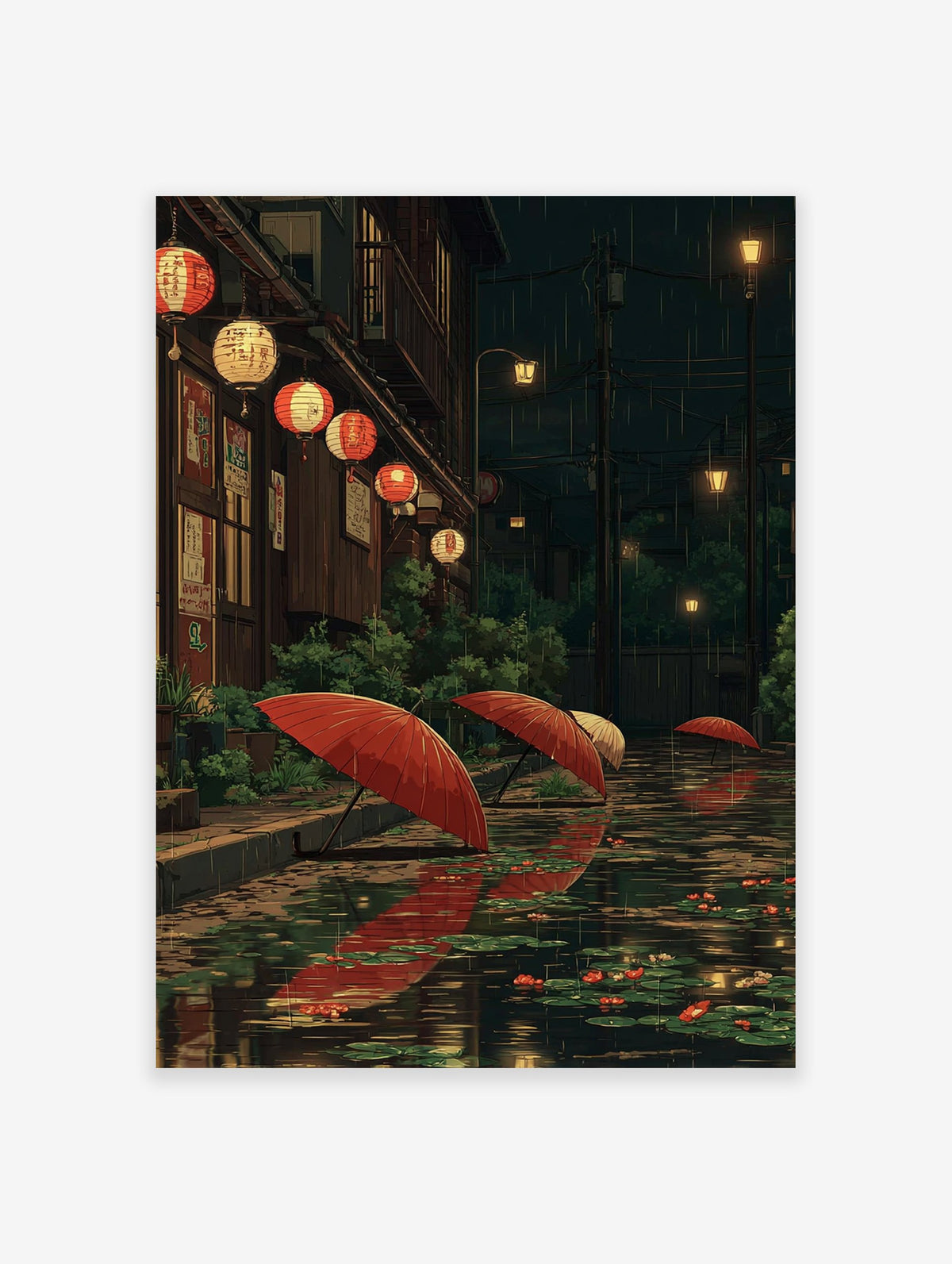 Japanese Rainy Night Poster of a street scene with red umbrellas, glowing lanterns, and reflections in puddles with lily pads.