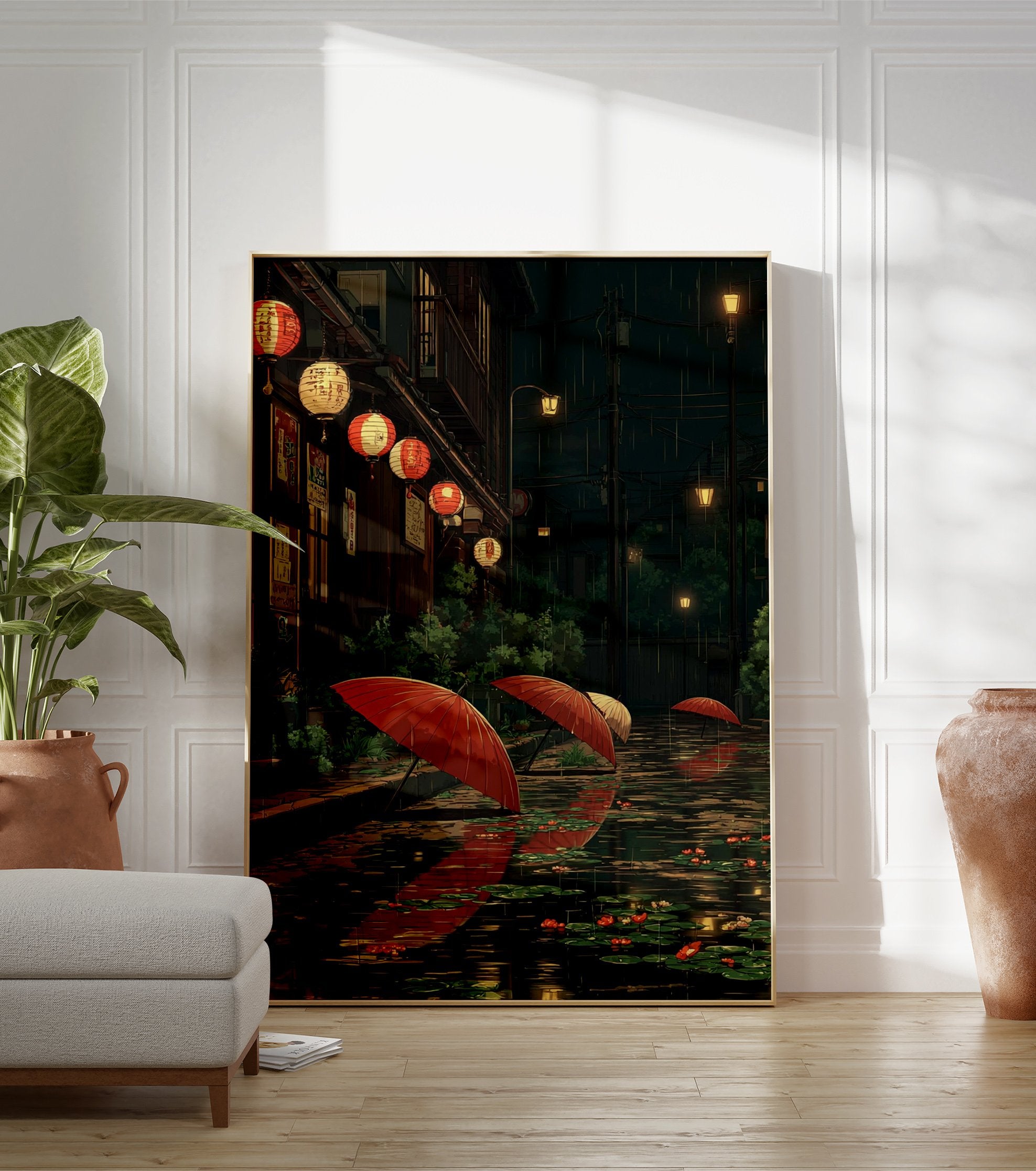 Japanese Rainy Night Poster of a street scene with red umbrellas, glowing lanterns, and reflections in puddles with lily pads. - Image 3