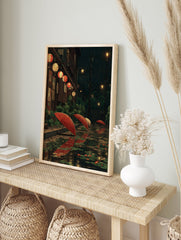 Japanese Rainy Night Poster of a street scene with red umbrellas, glowing lanterns, and reflections in puddles with lily pads. - Image 4