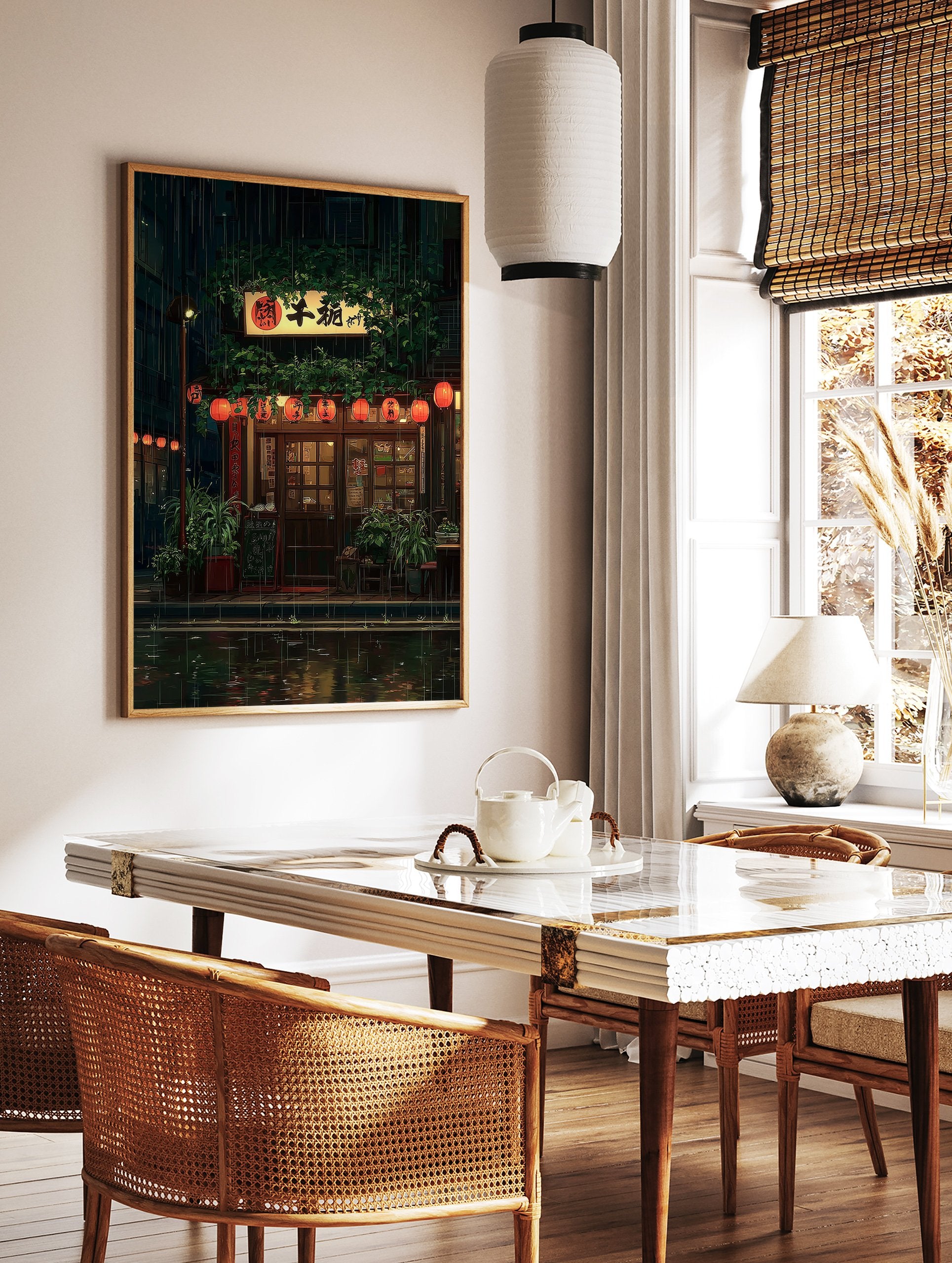 Japanese rainy night poster of a cozy street scene with red lanterns, a glowing sign, and lush green plants reflecting in the wet street. - Image 2