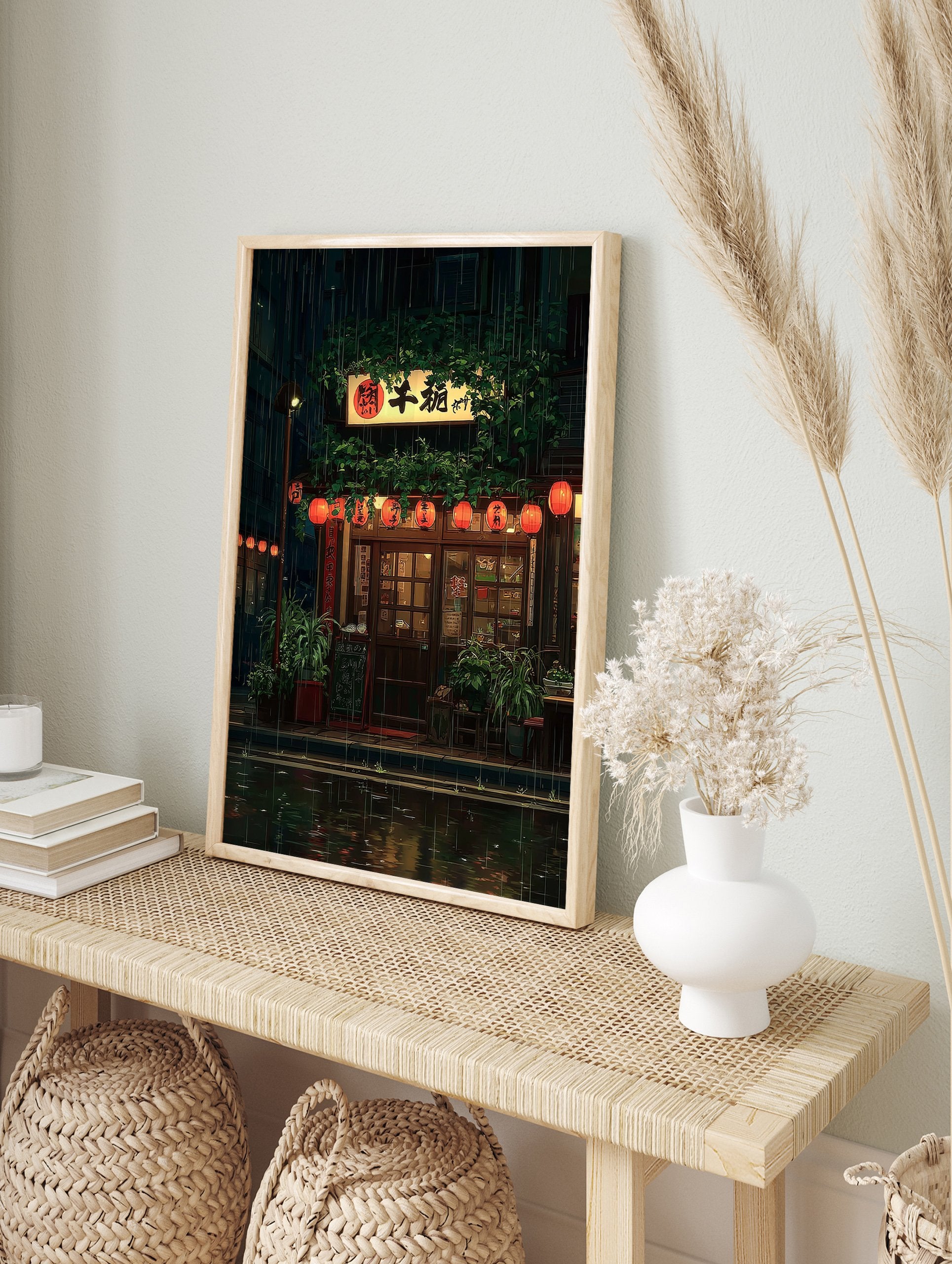 Japanese rainy night poster of a cozy street scene with red lanterns, a glowing sign, and lush green plants reflecting in the wet street. - Image 4