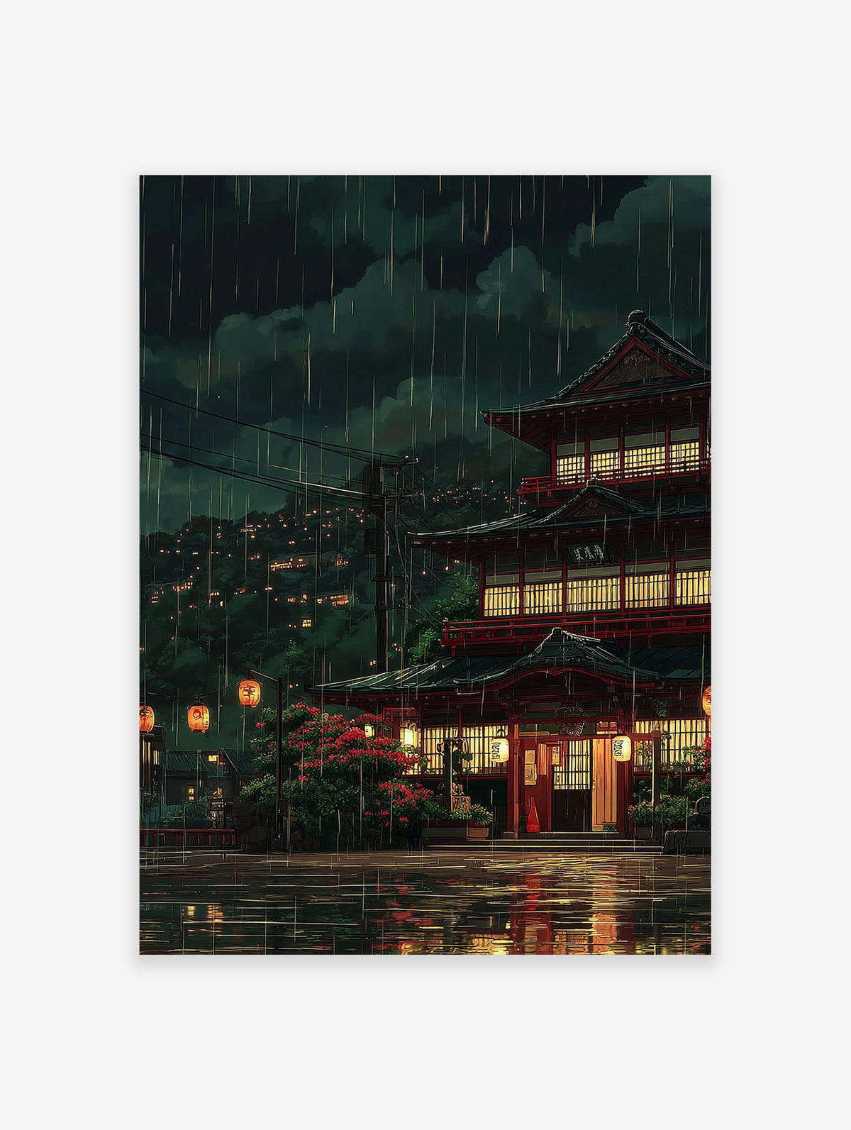Japanese rainy night poster featuring traditional red architecture, glowing lanterns, and distant city lights reflected on wet streets.