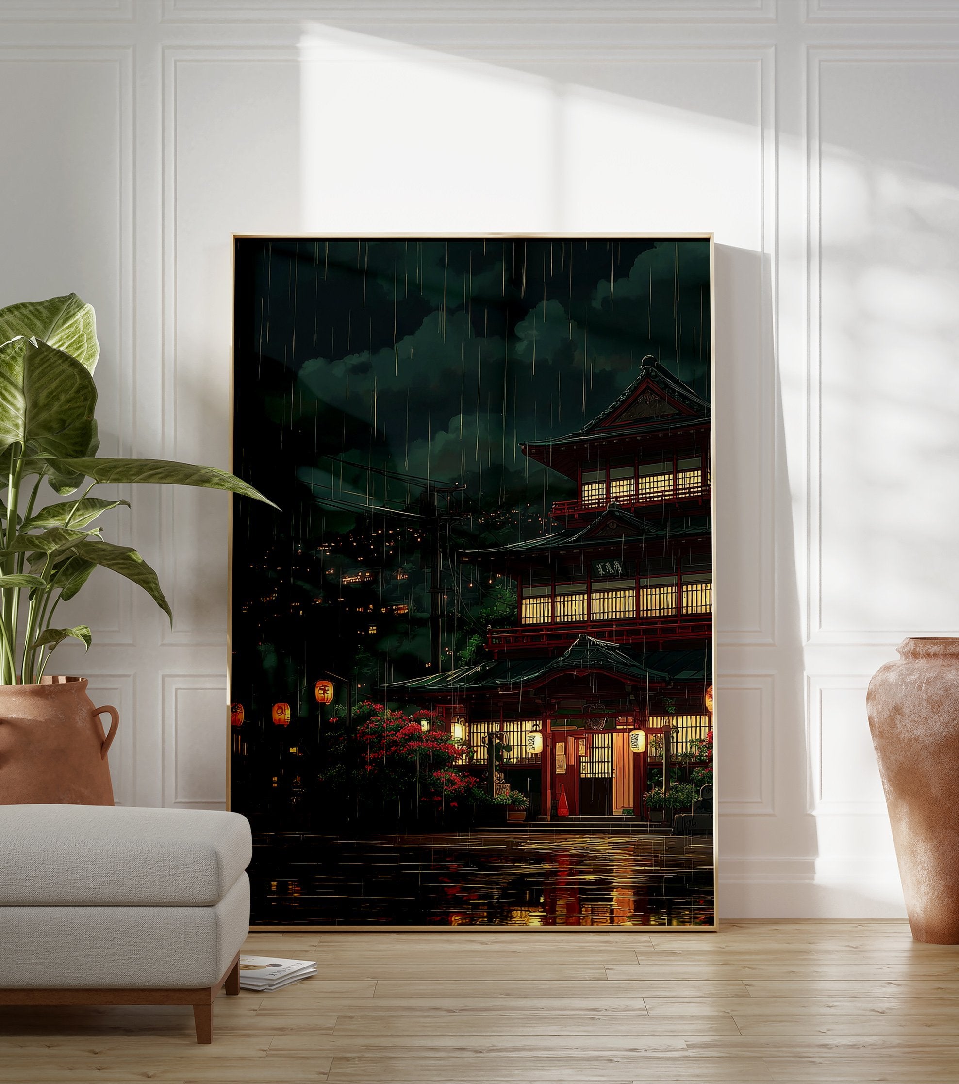 Japanese rainy night poster featuring traditional red architecture, glowing lanterns, and distant city lights reflected on wet streets. - Image 3