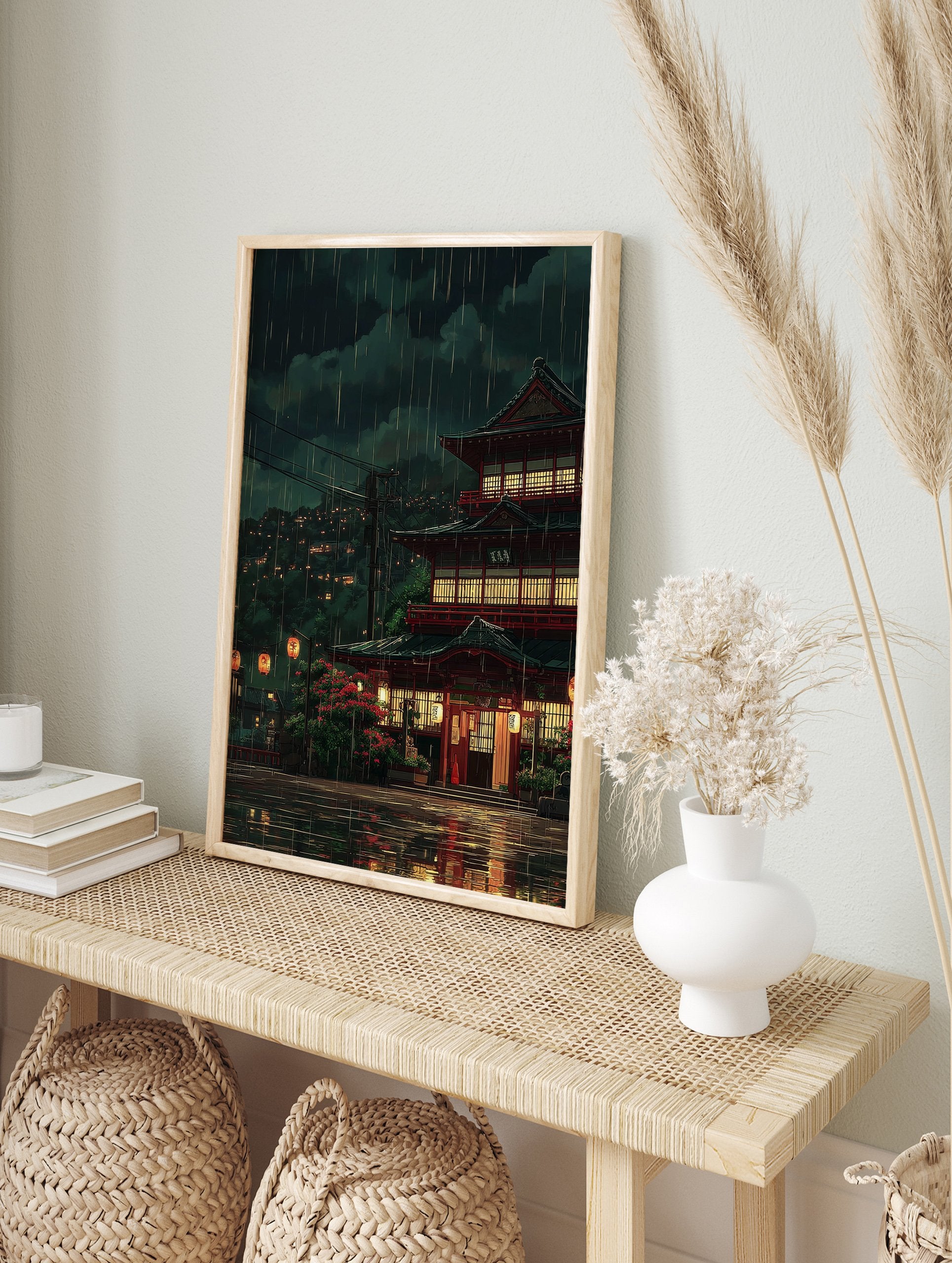 Japanese rainy night poster featuring traditional red architecture, glowing lanterns, and distant city lights reflected on wet streets. - Image 4