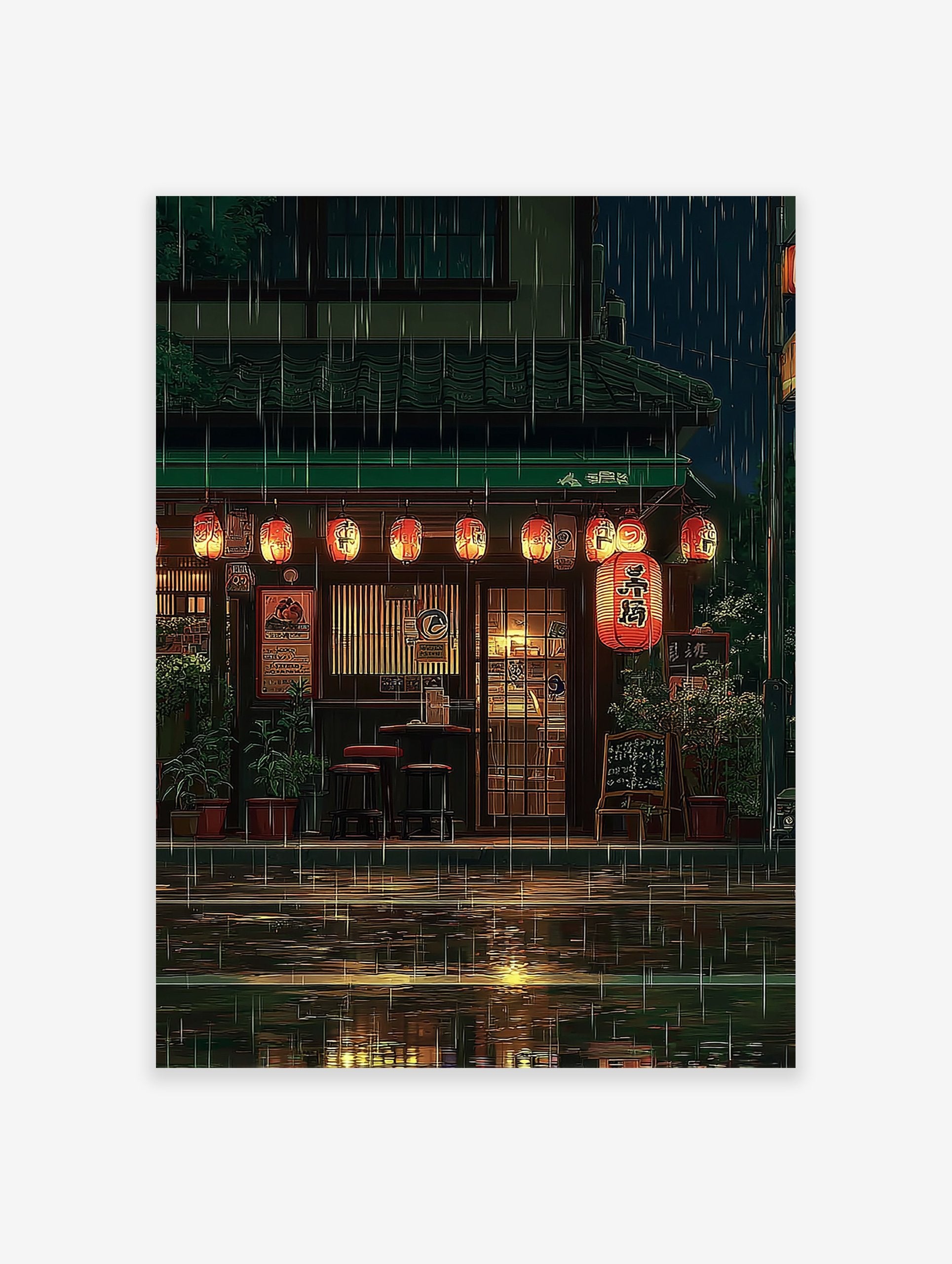 Japanese rainy night street poster featuring an illustrated restaurant with glowing orange lanterns and reflections on wet ground.