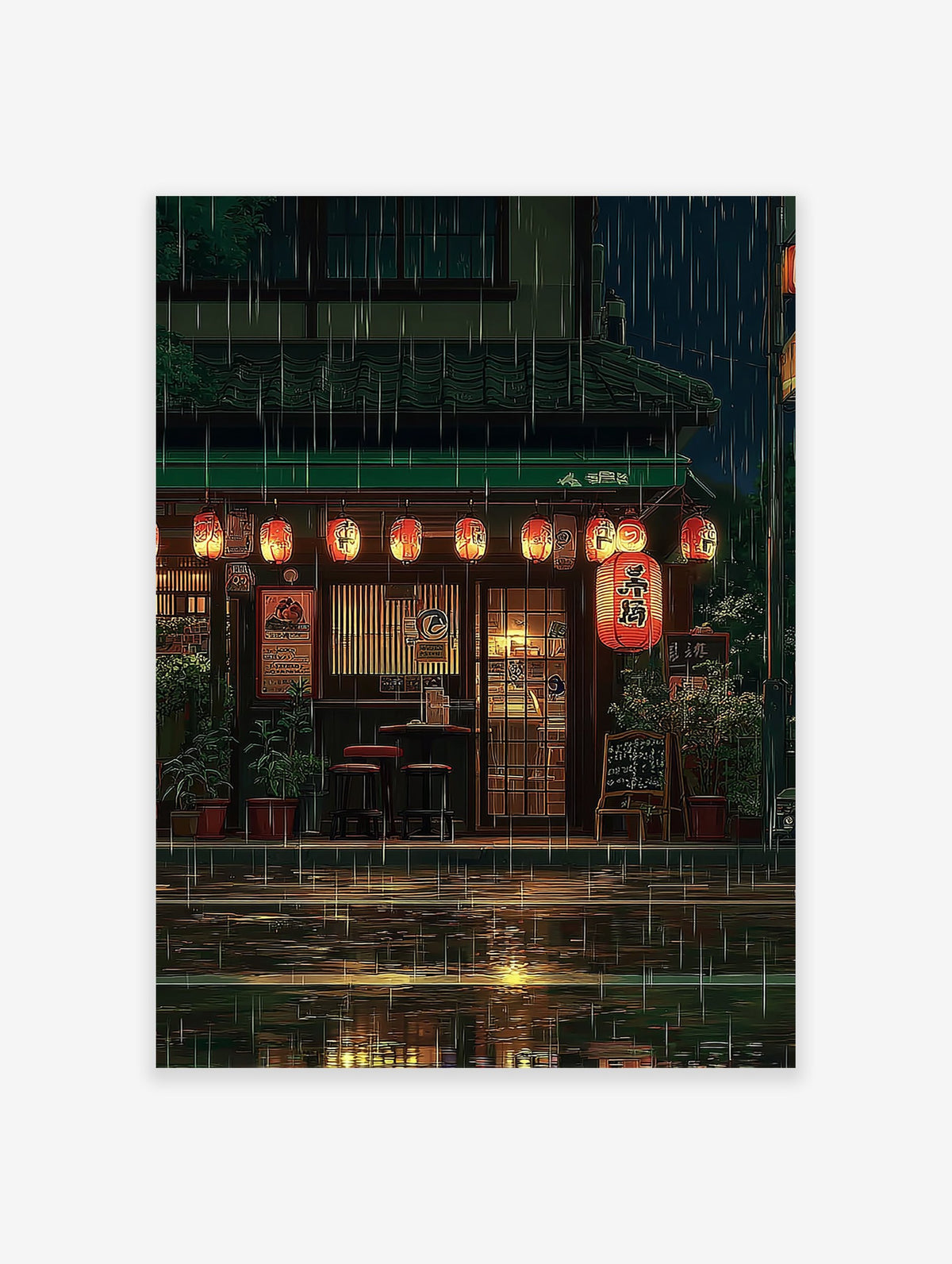 Japanese rainy night street poster featuring an illustrated restaurant with glowing orange lanterns and reflections on wet ground.