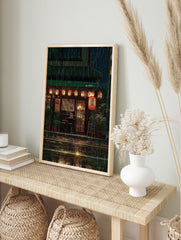 Japanese rainy night street poster featuring an illustrated restaurant with glowing orange lanterns and reflections on wet ground. - Image 4