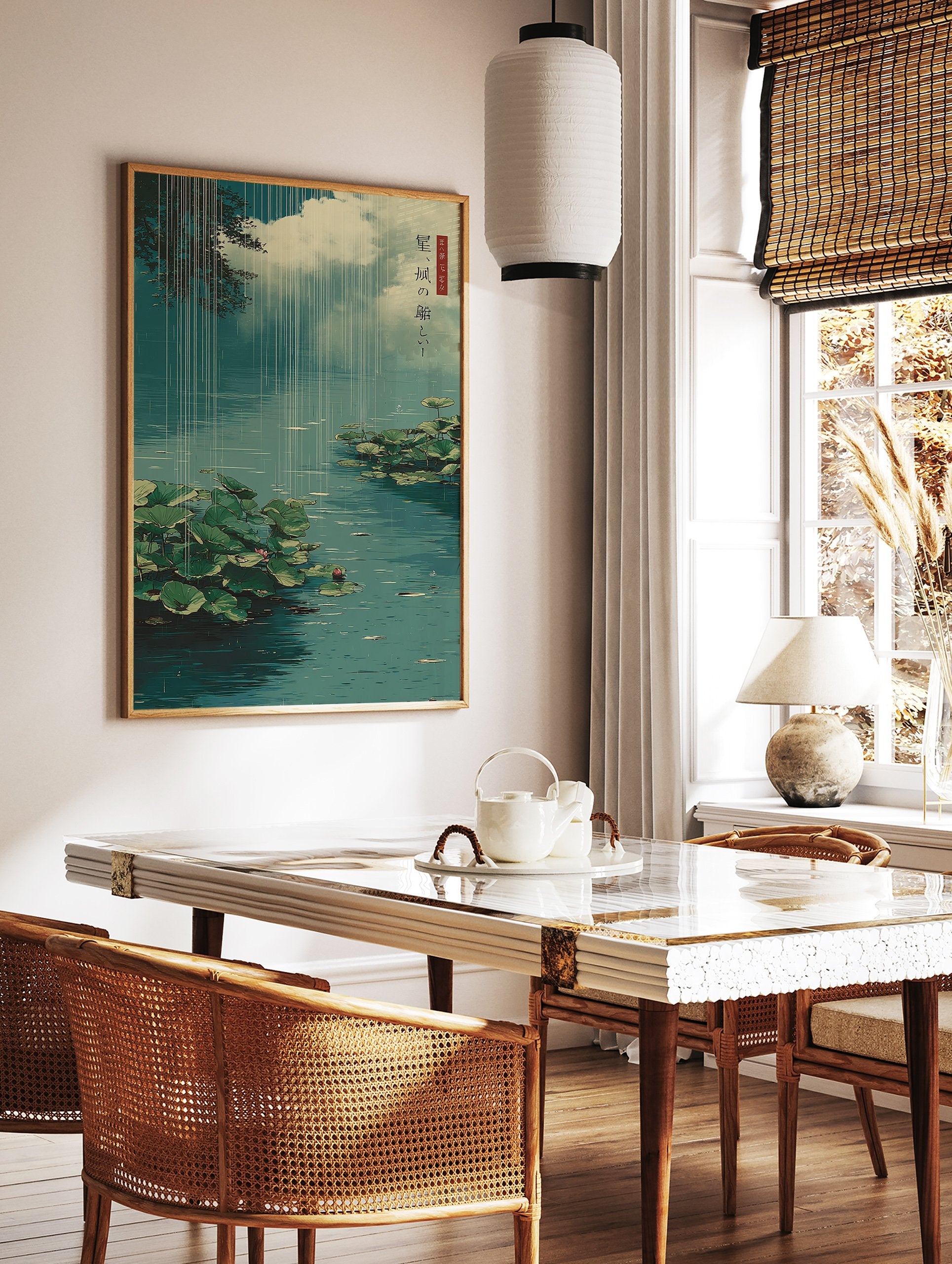Japanese poster of a rainy pond with green lotus leaves and pink water lily buds, water reflecting sky. - Image 2
