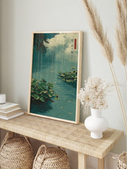 Japanese poster of a rainy pond with green lotus leaves and pink water lily buds, water reflecting sky. - Image 4